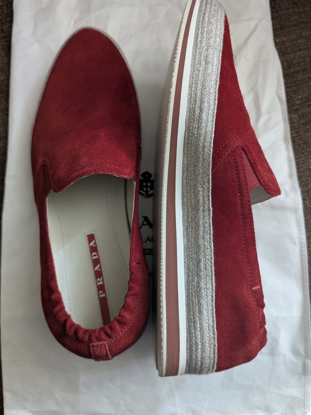 Prada Saint Tropez SuedeEspadrille Slip-On Sneakers in a burgundy or red color - Picture 5 of 8